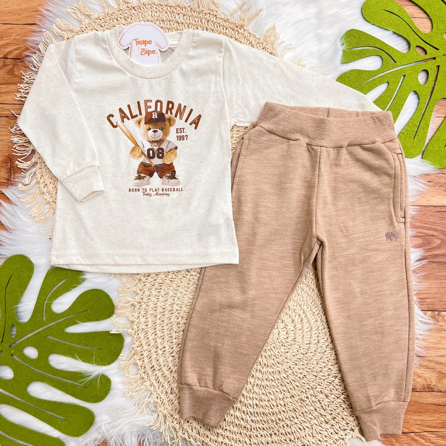 Conj. Blusa Manga Longa de Linho Born to Play Baseball e Calça de Moletom - Areia